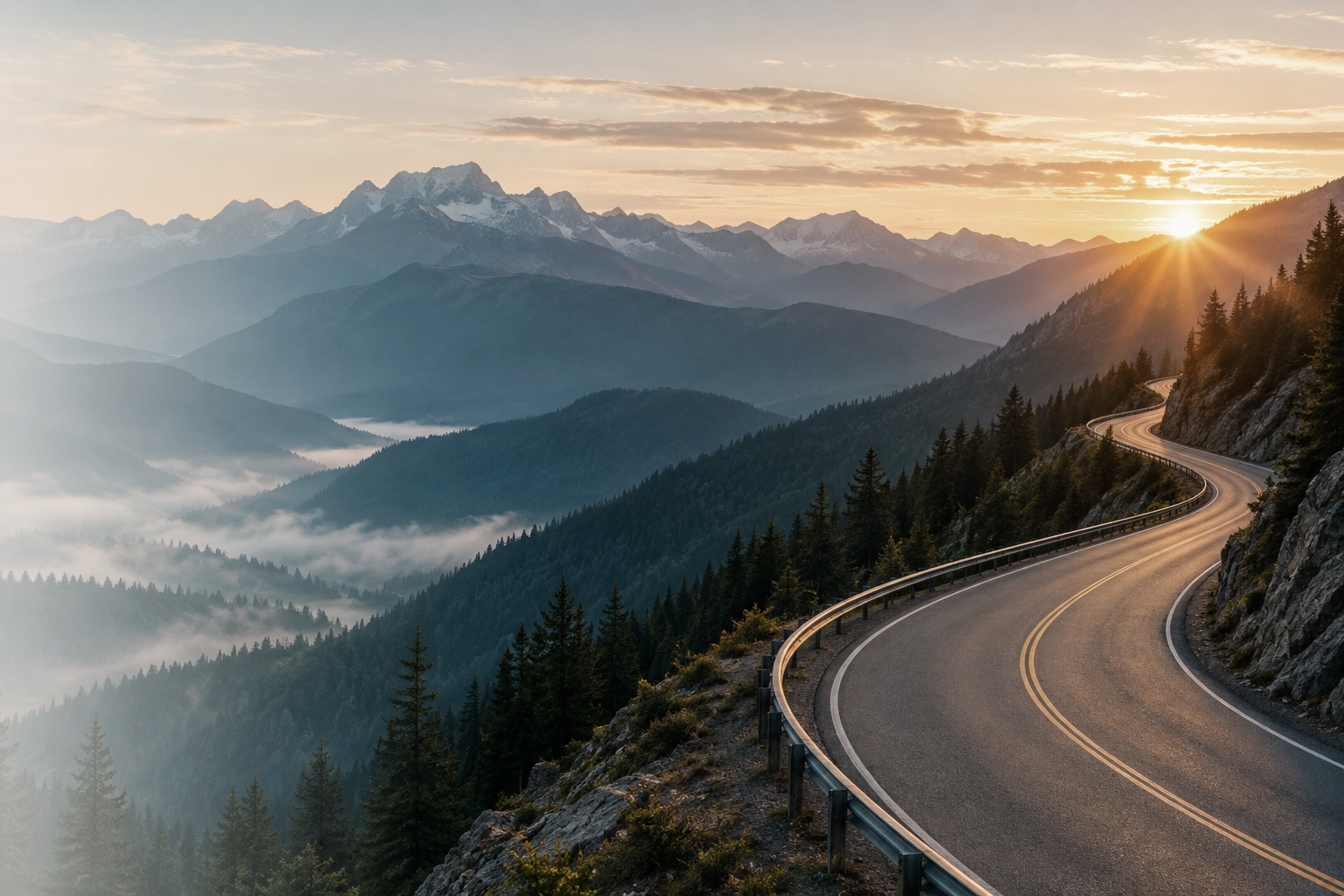 A winding mountain road rising toward a golden sunrise